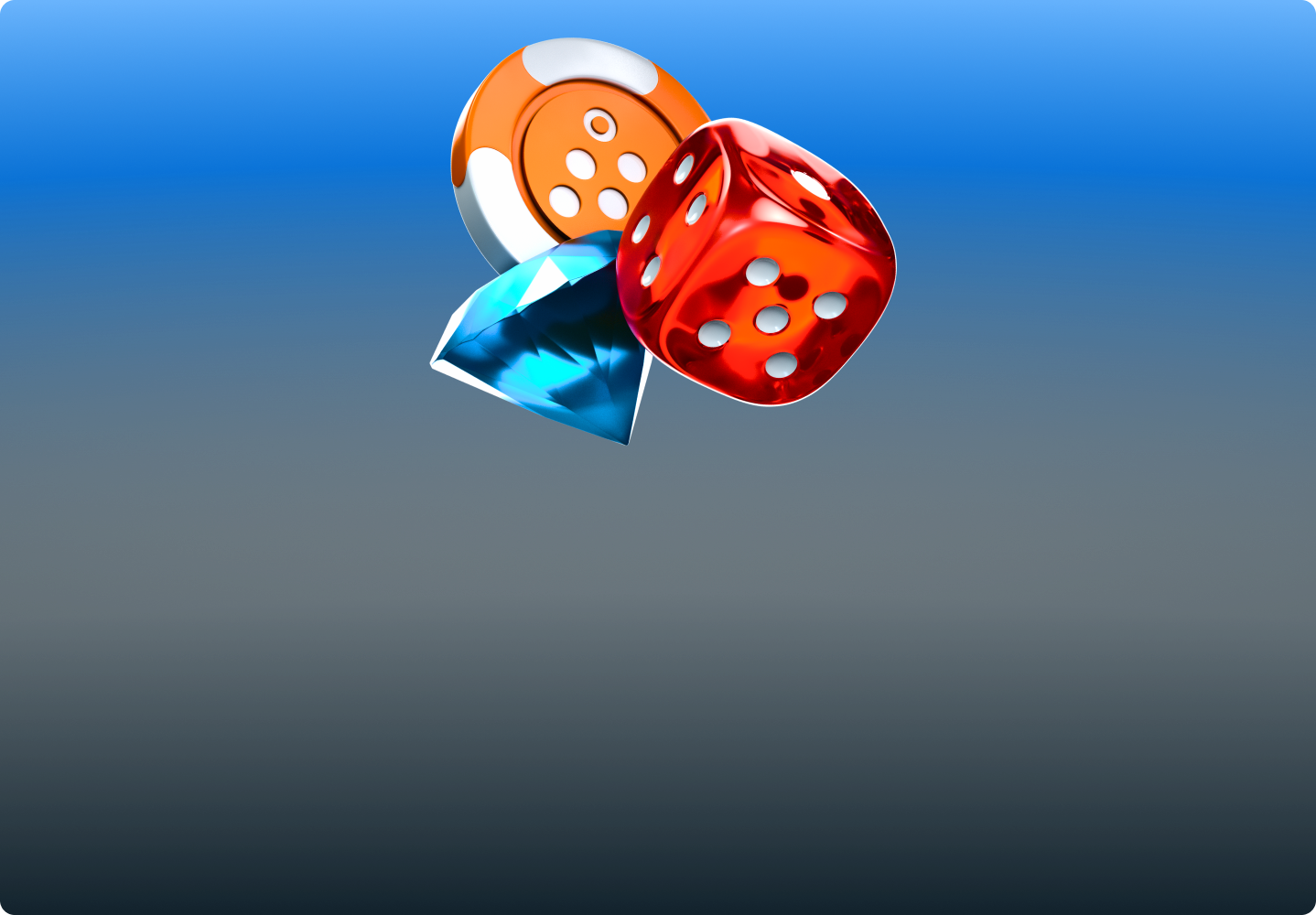 Unauthenticated home page banner for mobile, featuring  a poker chip, a diamond and a dice.