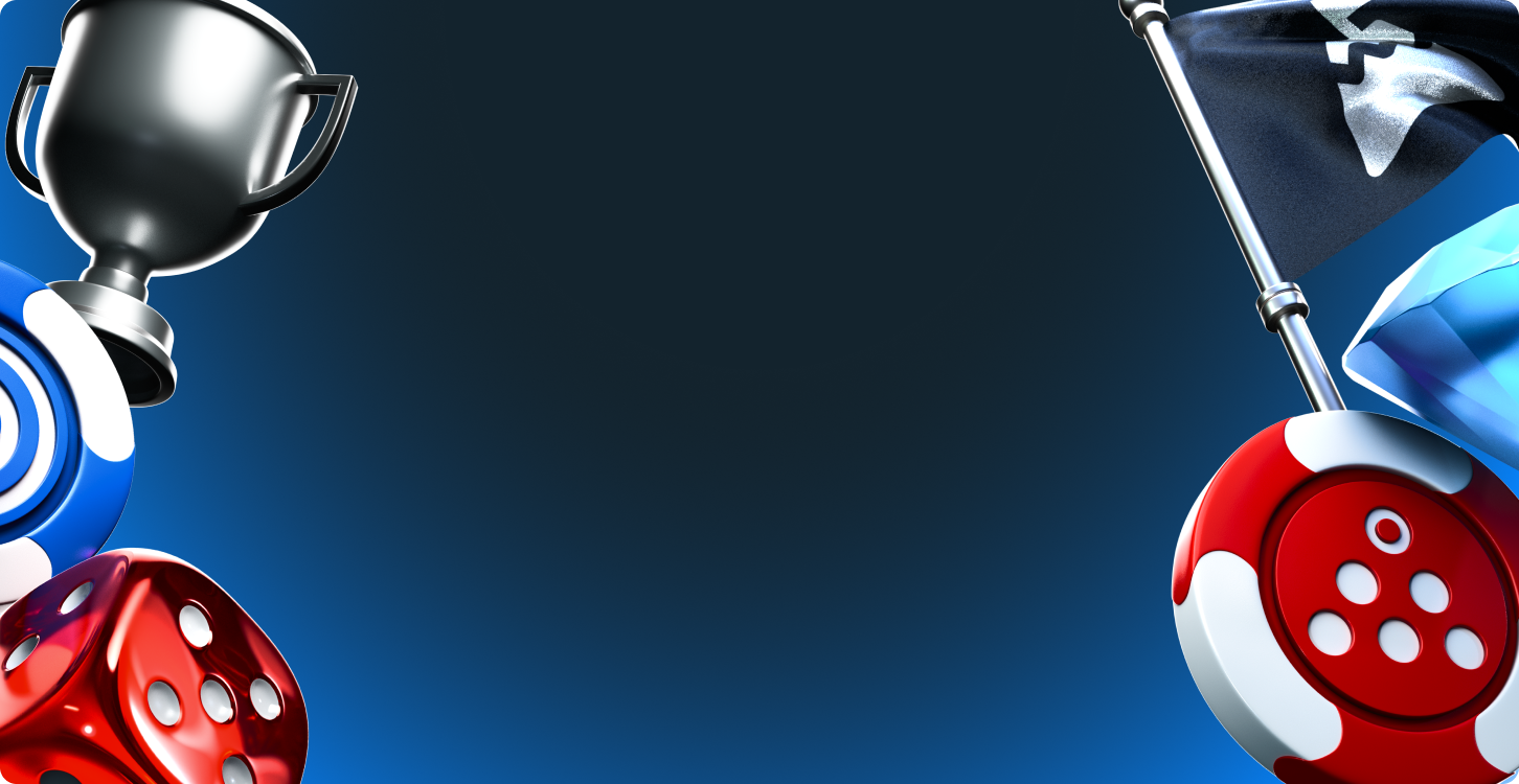 Unauthenticated home page banner for tablet, featuring a trophy, a poker chip, a dice on the left and a race flag, a diamond and a poker chip on the right.